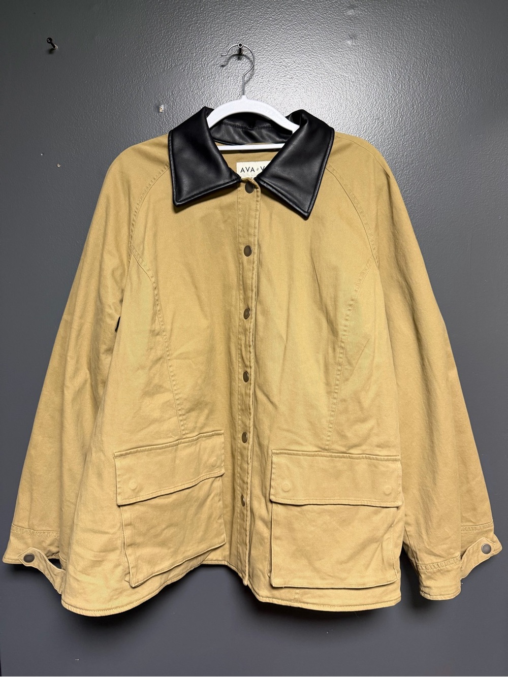 NWT Ava & Viv Oversized Quilted Barn Jacket Leather Collar Tan 1X